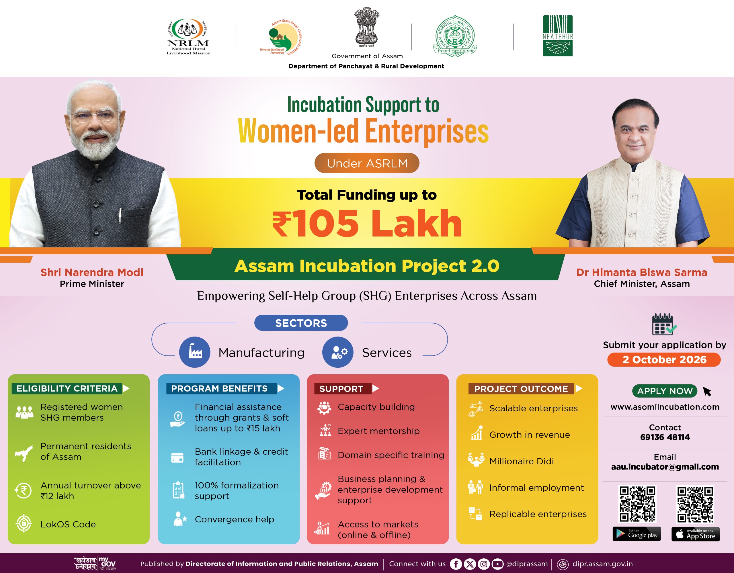 Official ASRLM Assam Incubation Project 2.0 poster: incubation support to women-led enterprises, total funding up to ₹105 lakh, submit your application by 2 October 2026 on asomiincubation.com.